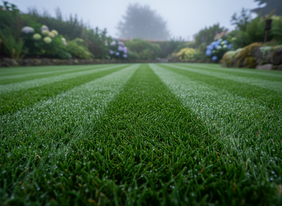 Dew-covered lawn with precise mowing stripes
