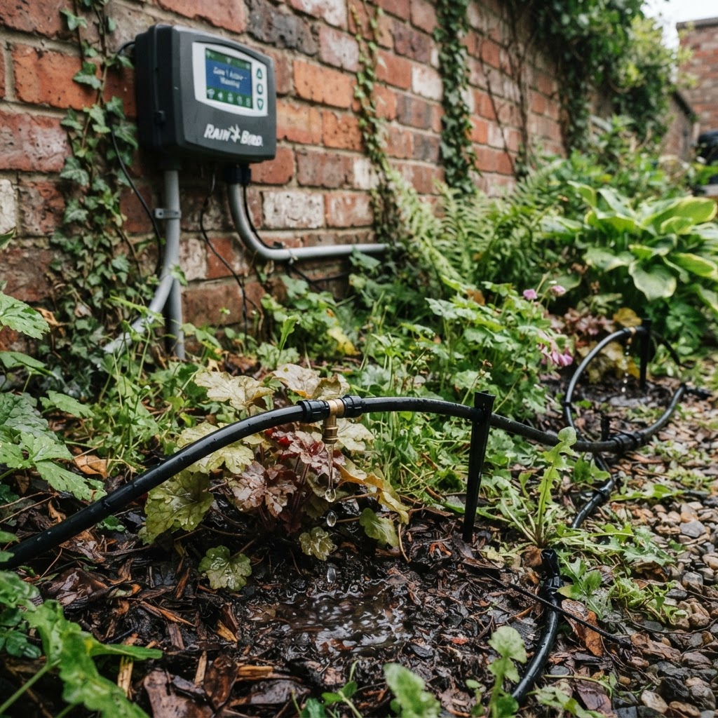 Close-up of drip irrigation line watering a garden bed with a smart controller mounted on a brick wall