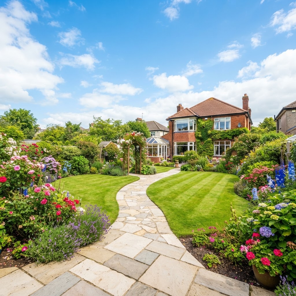 Bright sunny Dublin residential garden after professional landscaping and garden maintenance