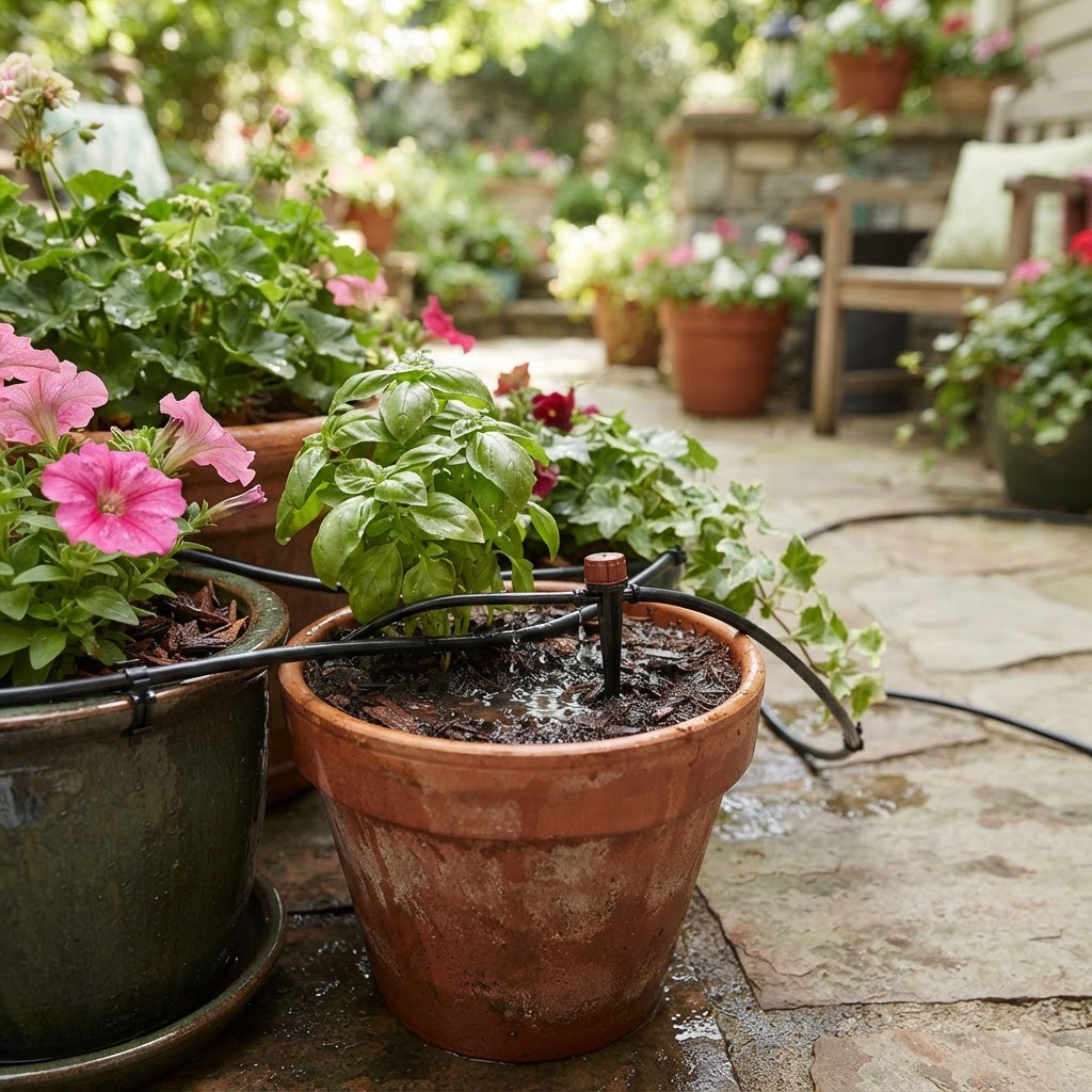 Drip irrigation system installed in plant pots and containers on a residential patio