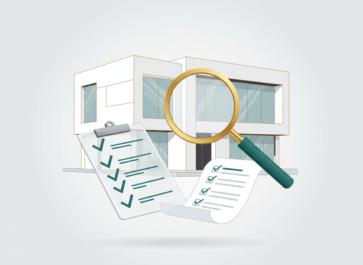 Modern villa inspection illustration with checklist, magnifying glass and clipboard