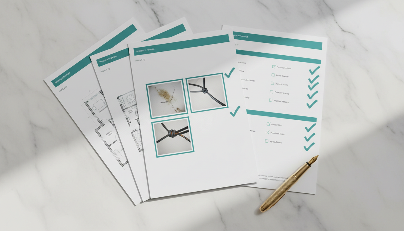 Sample professional snagging inspection report pages with photographs and defect descriptions