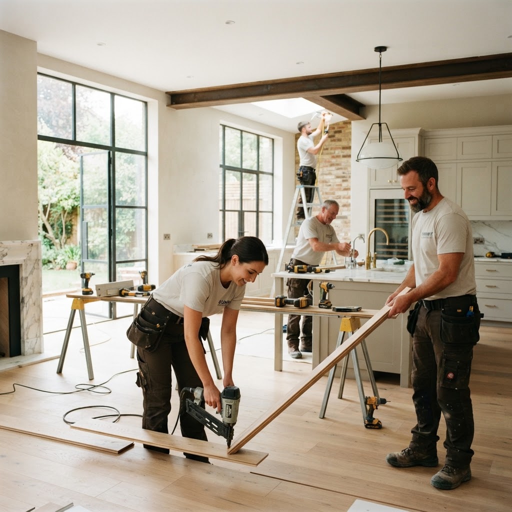 Calico tradespeople working on a high-end renovation