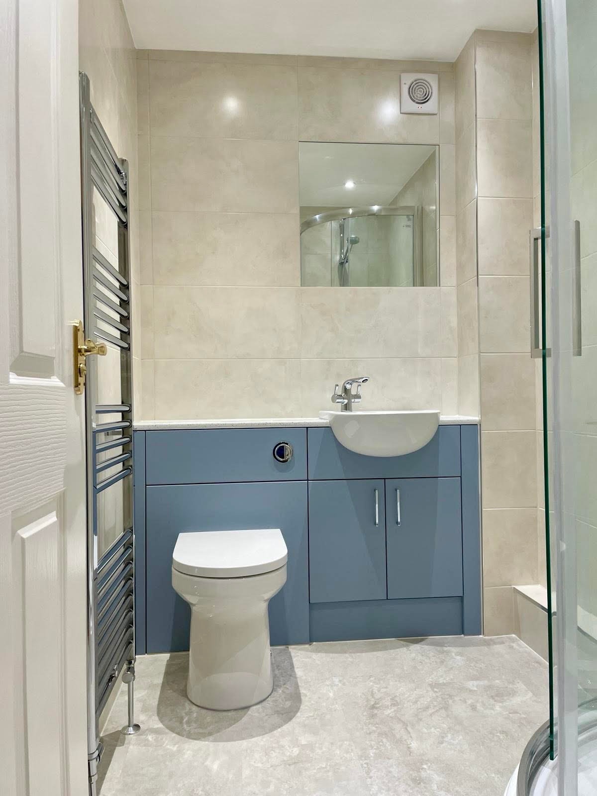 Blue Vanity Suite completed bathroom renovation by Calico Joinery in Edinburgh