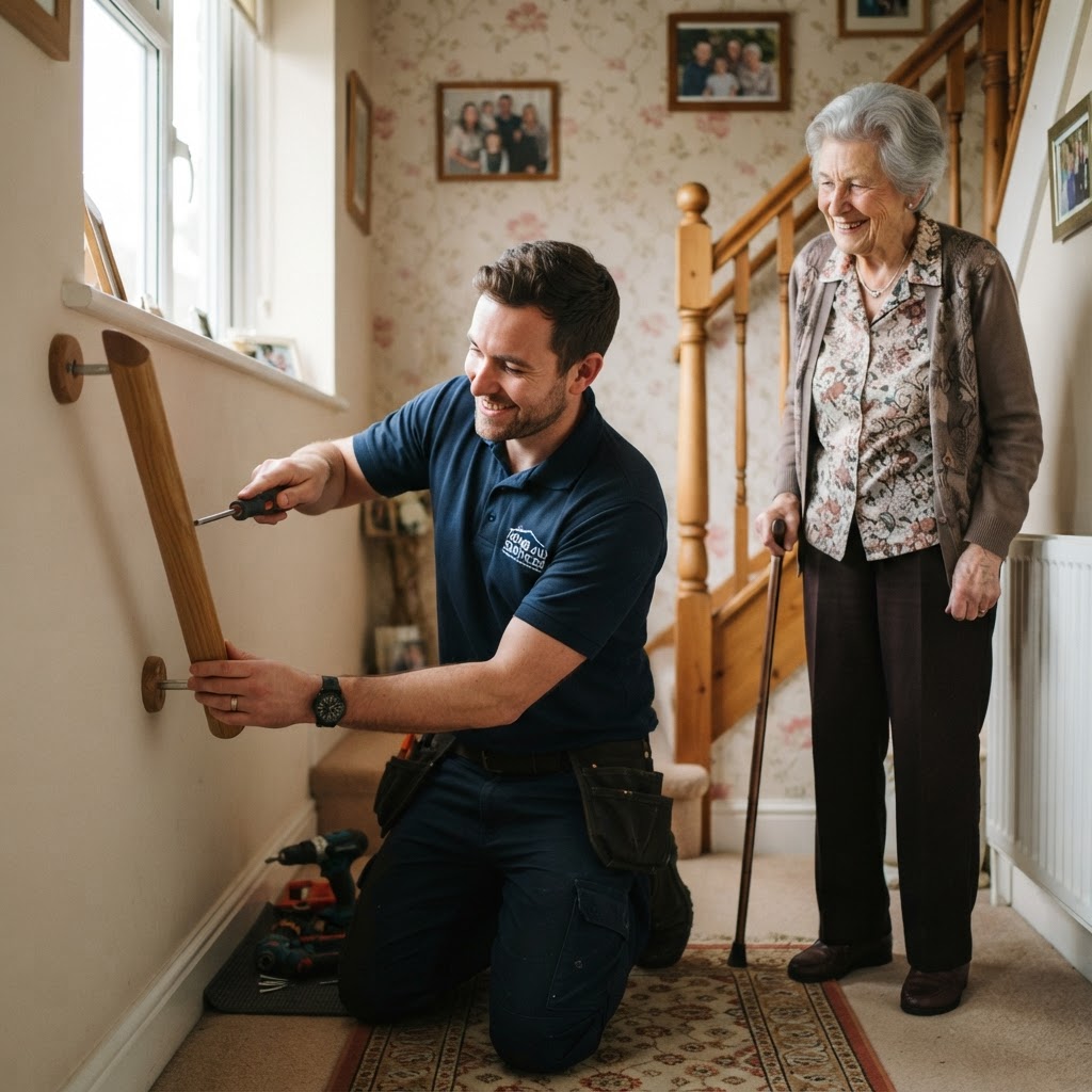 A tradesperson helping an elderly homeowner with a repair