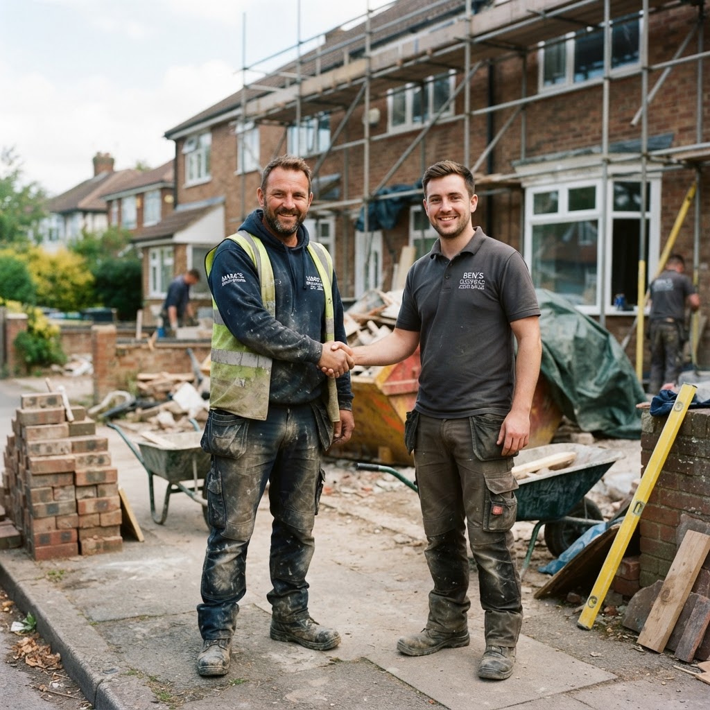 Tradespeople shaking hands on a renovation site