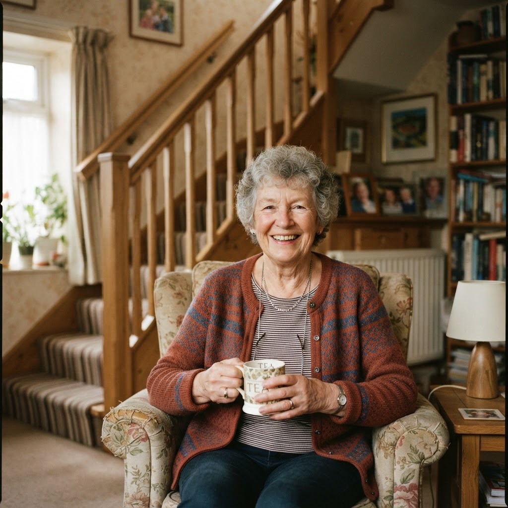 Margaret at home after her handrail was fitted