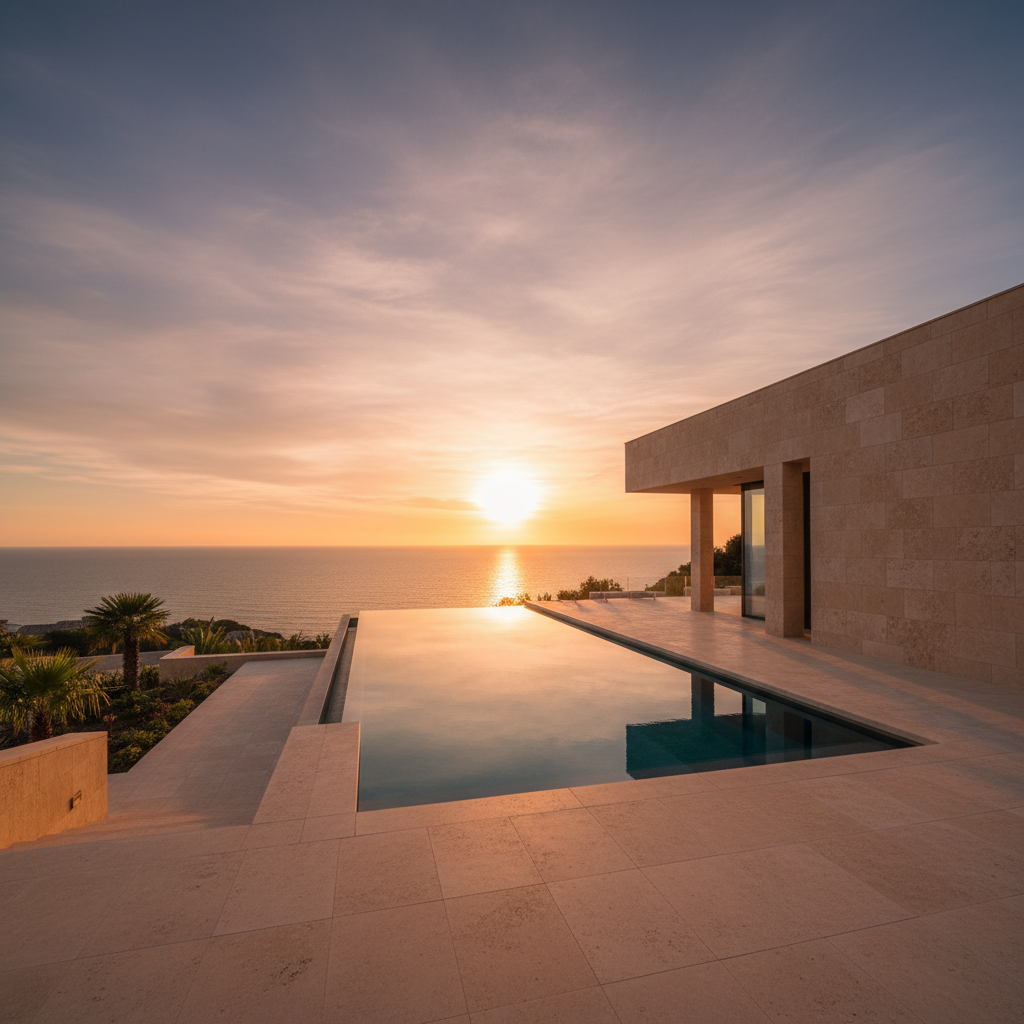 Luxury villa with infinity pool at sunset, Marbella