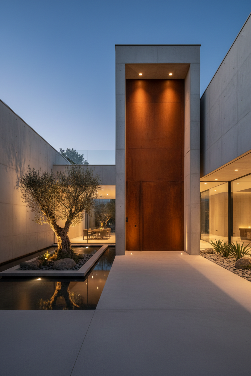 Luxury villa entrance with architectural details