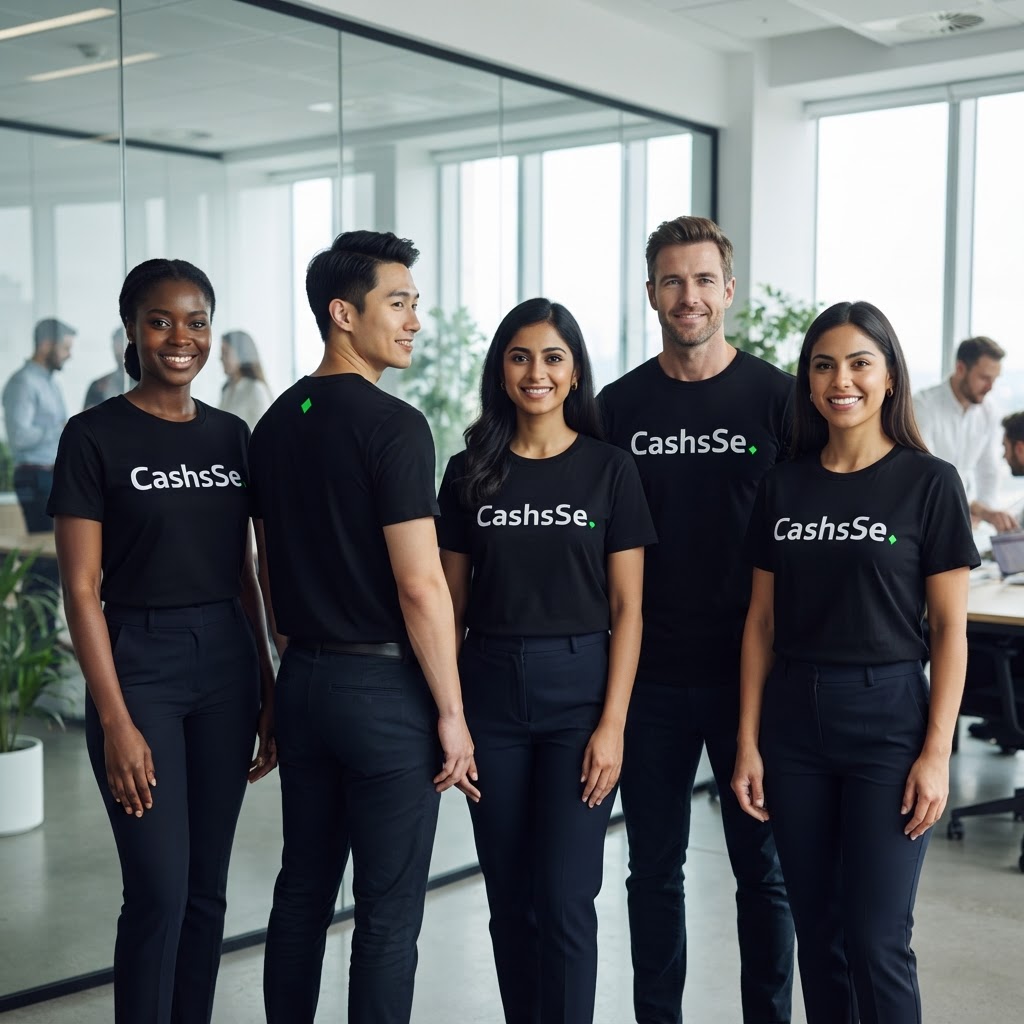 Profissionais parceiros usando camisetas pretas da CashSe com logotipo no peito