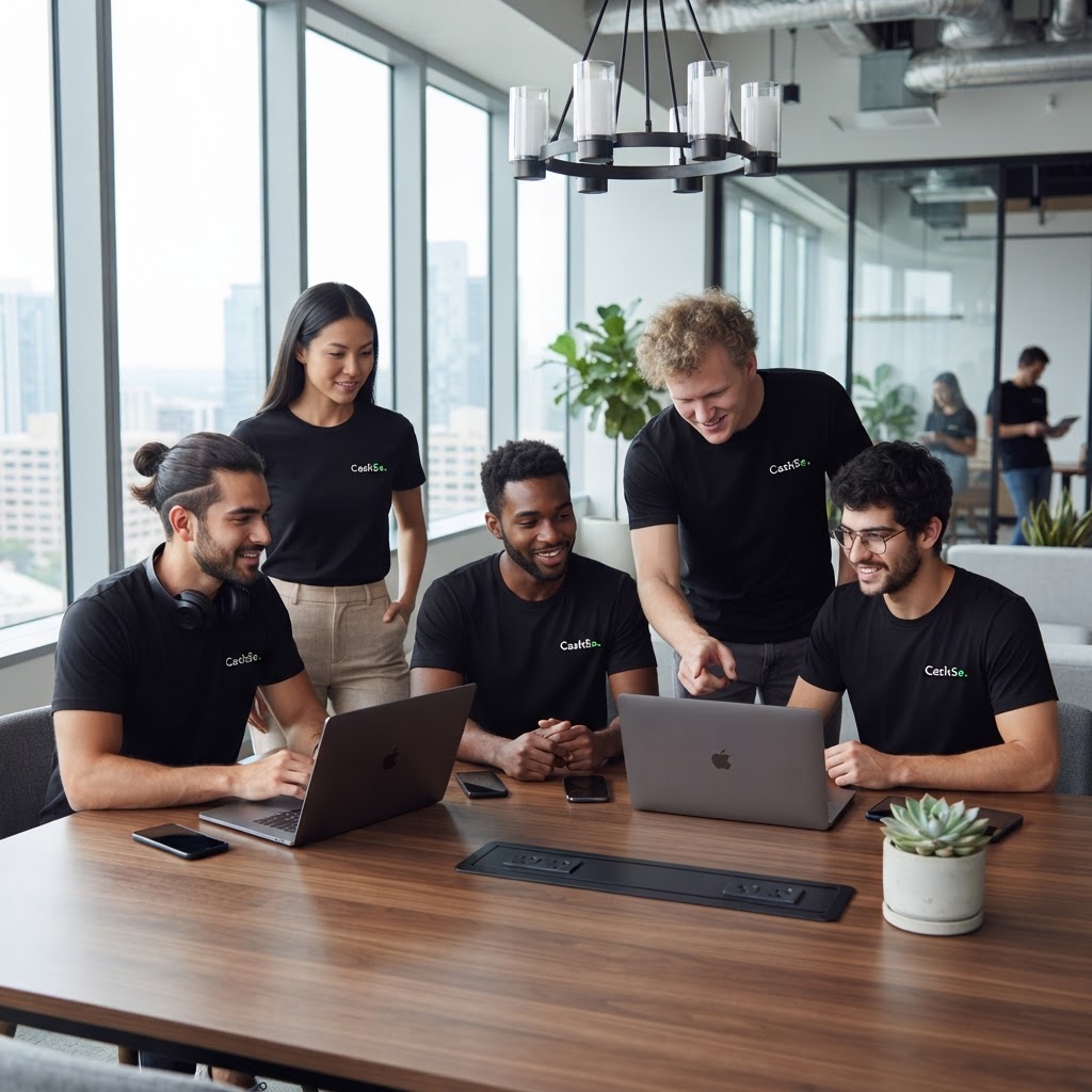 Pessoas com camisetas pretas com logotipo da CashSe em ambiente corporativo