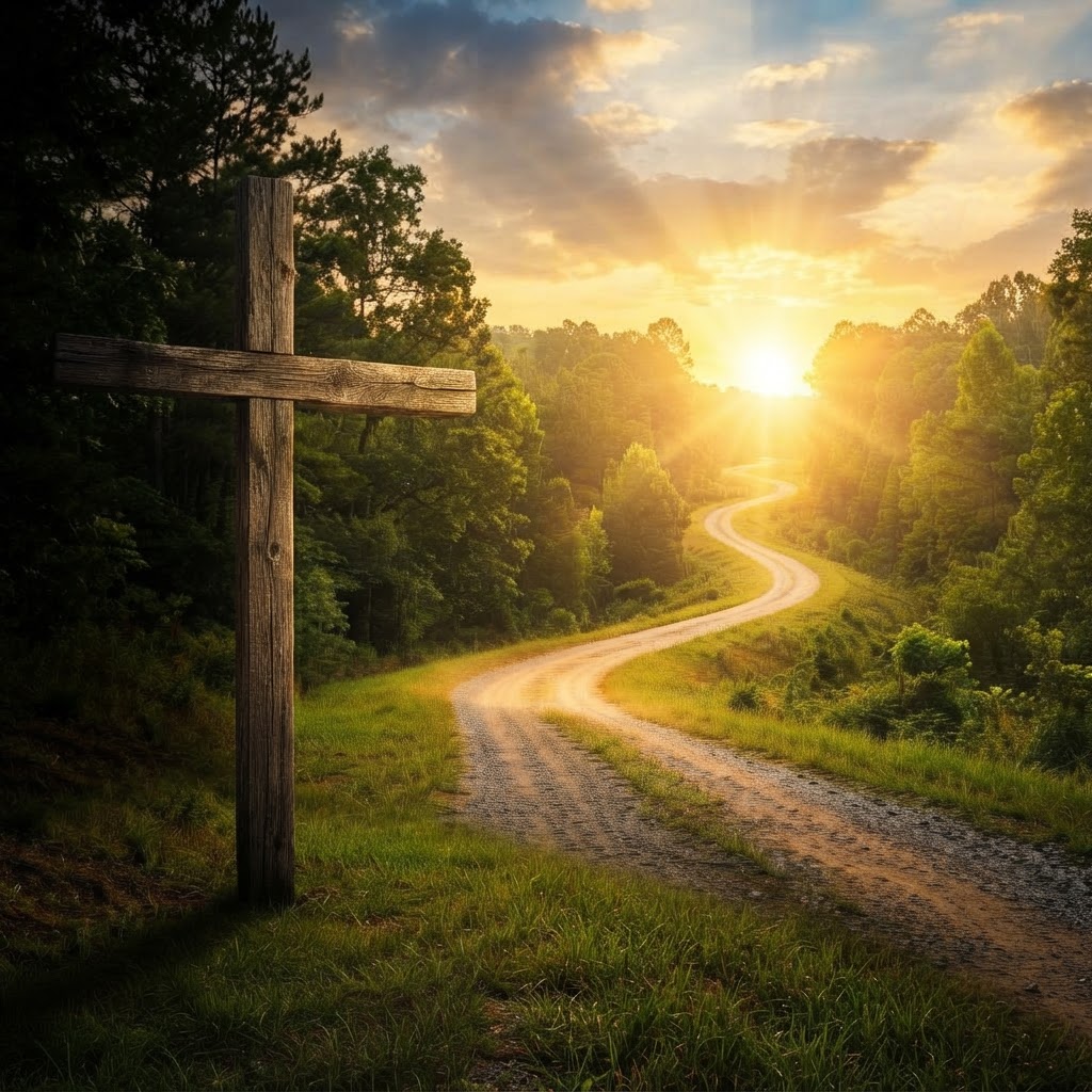 Large cross on a road leading toward a golden sunrise