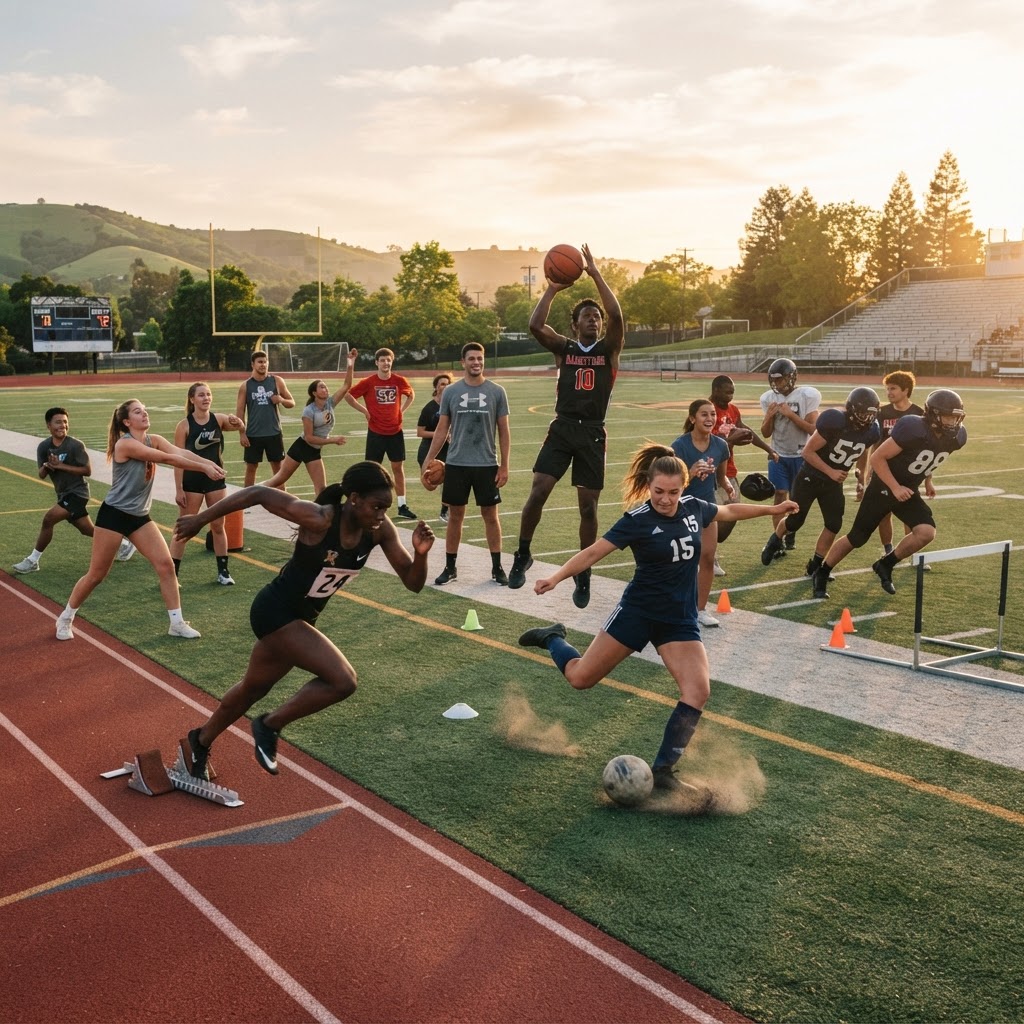 Diverse student-athletes training across multiple sports disciplines