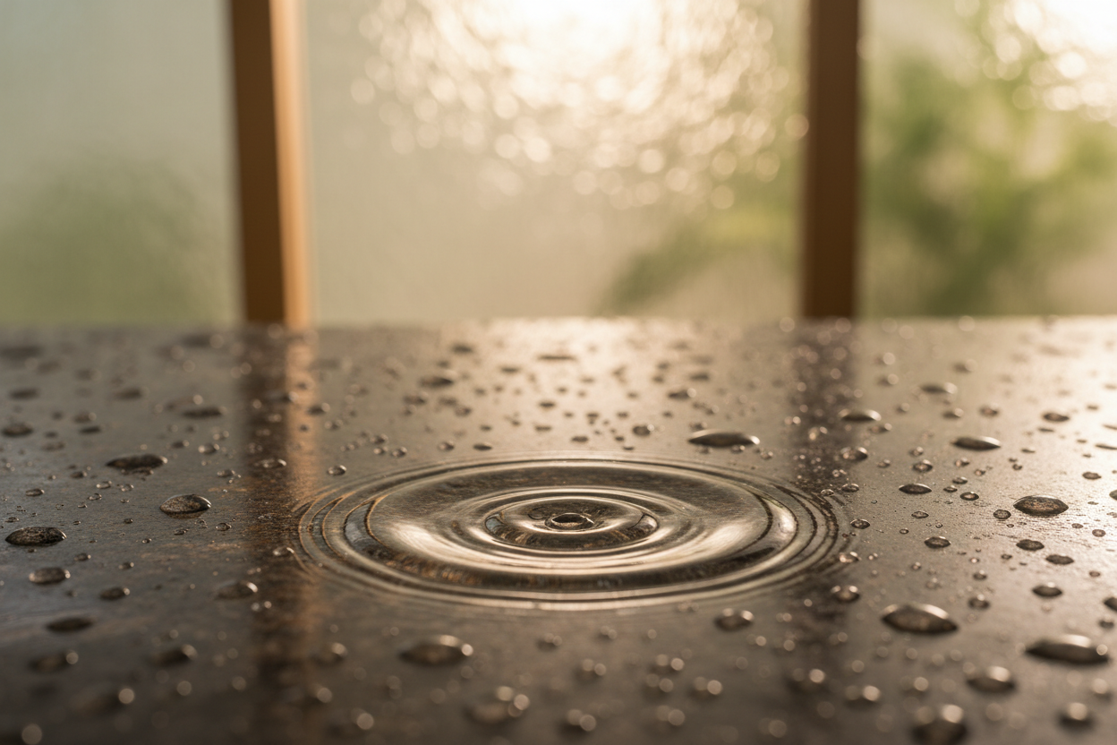 Water ripple on smooth dark stone surface in golden light