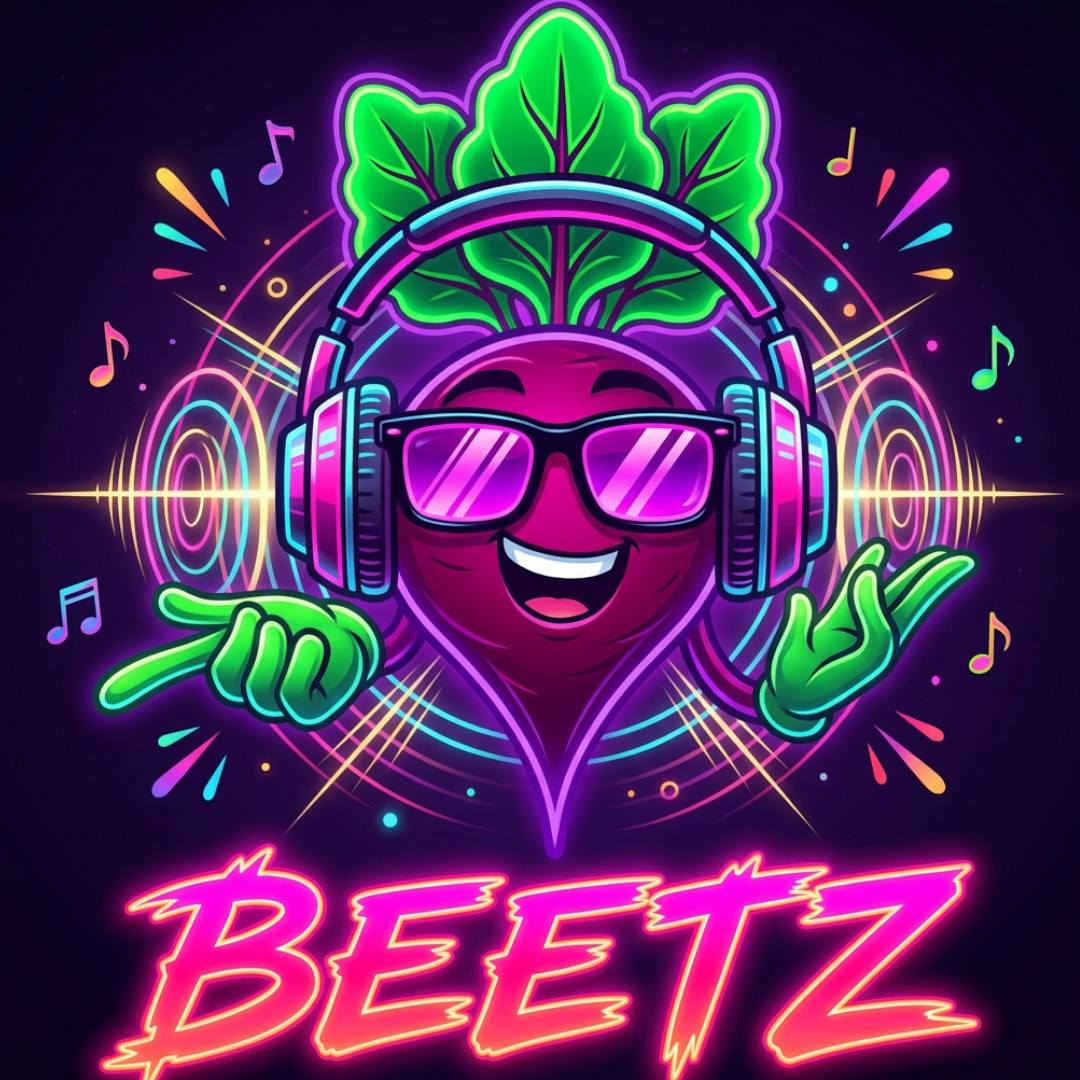 Neon beet DJ mascot with headphones