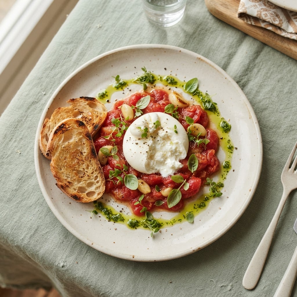 Burrata cu pâine cu maia și roșii zdrobite