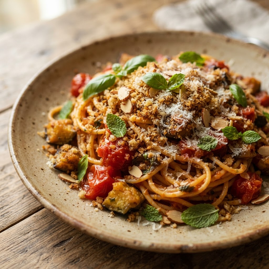 Spaghete cu roșii și vinete, pesmet, migdale și pecorino