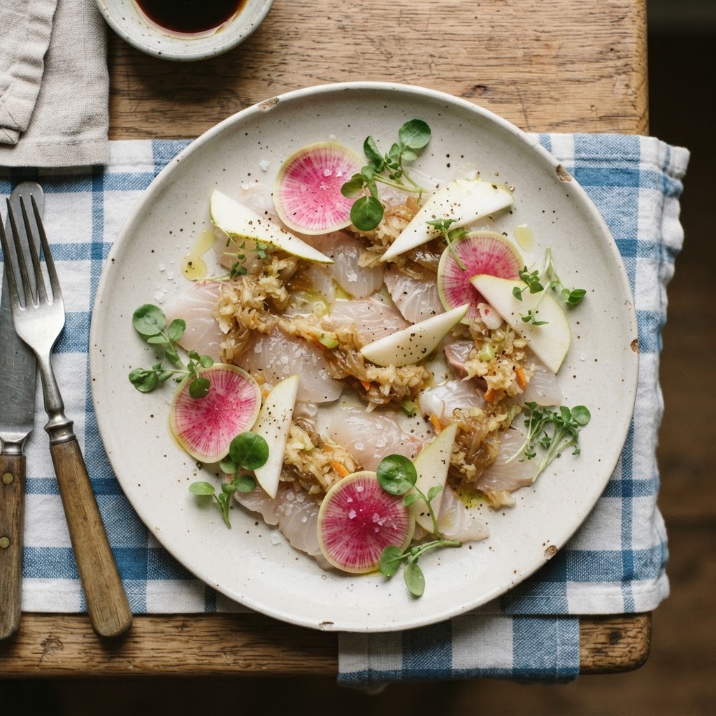 Crudo de biban de mare cu nashi și creson