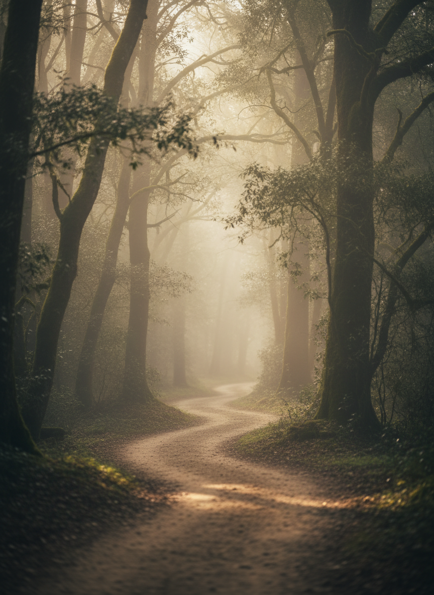 Misty forest path representing transformative journey