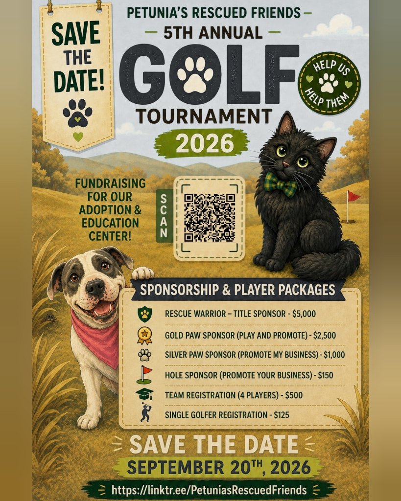 Petunia's Rescued Friends Golf Tournament flyer (back) — sponsorship & player packages