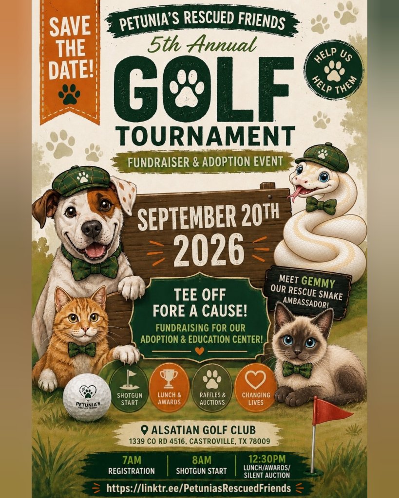 Petunia's Rescued Friends Golf Tournament flyer (front) — September 20, 2026 at Alsatian Golf Club