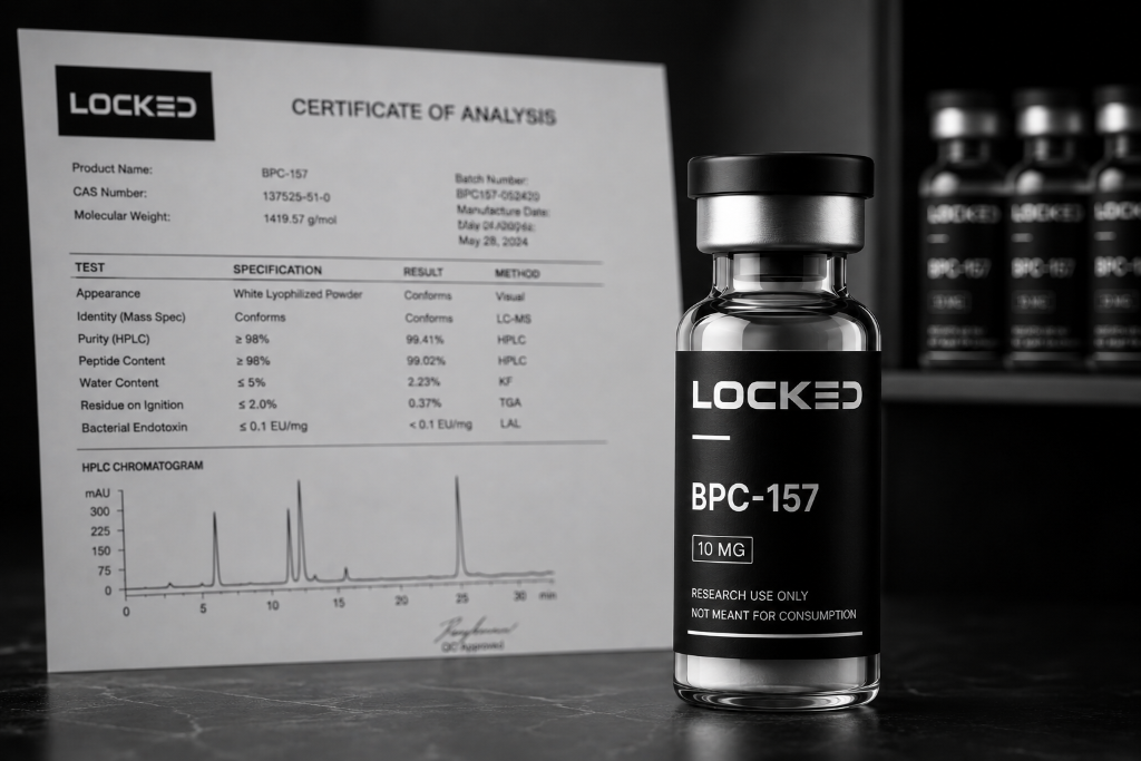 LOCKED BPC-157 vial beside a Certificate of Analysis document