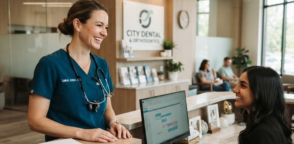 Dental provider and receptionist reviewing scheduling software at the front desk