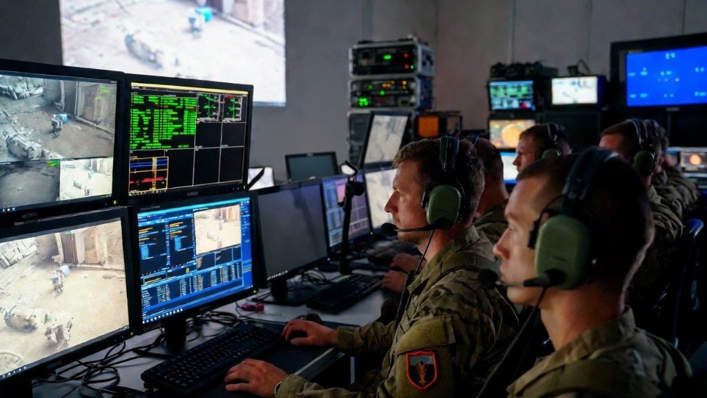 SENTATRON Defense command center operators monitoring multi-domain kinetic directives