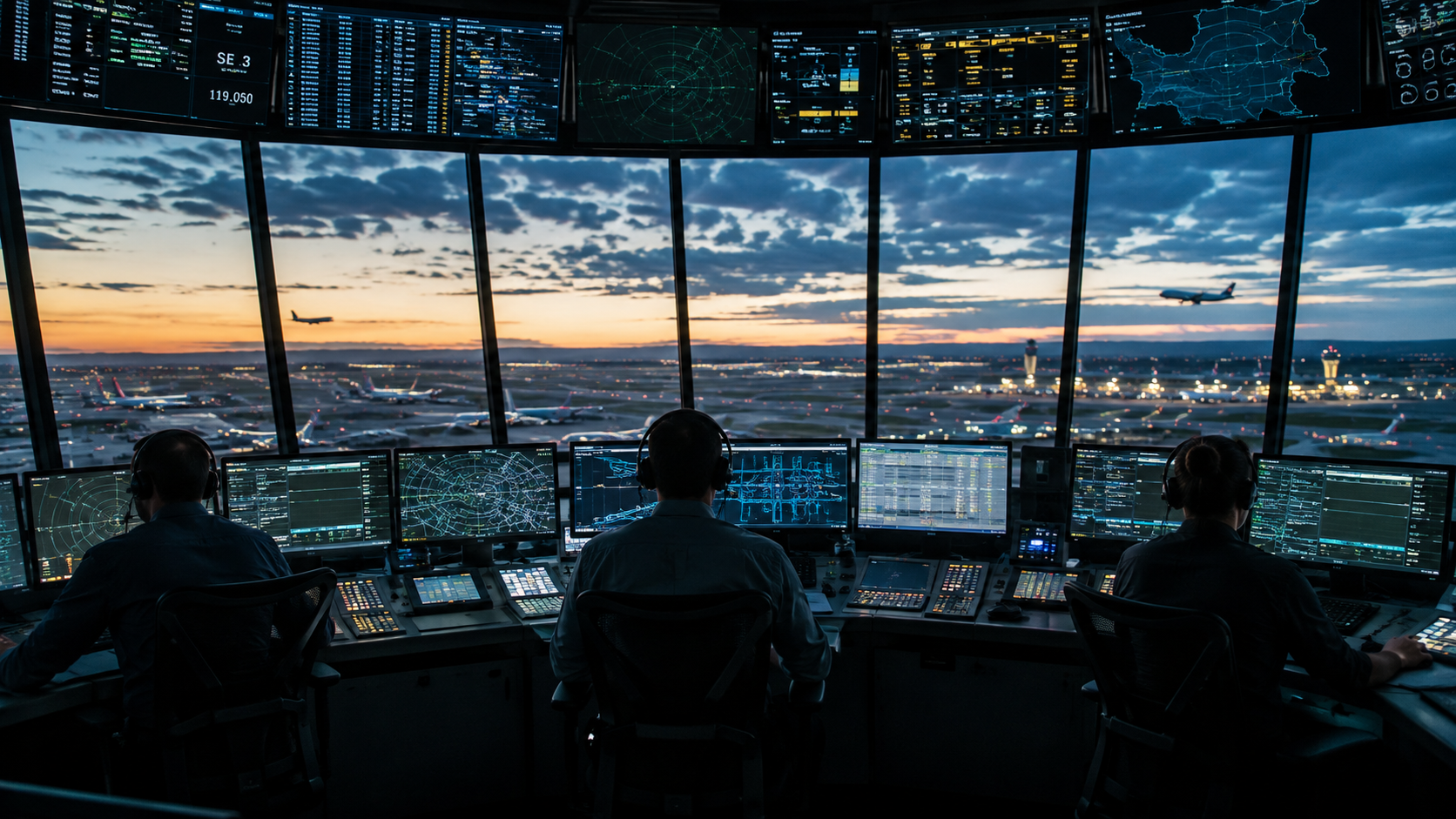 Air traffic control tower at dusk