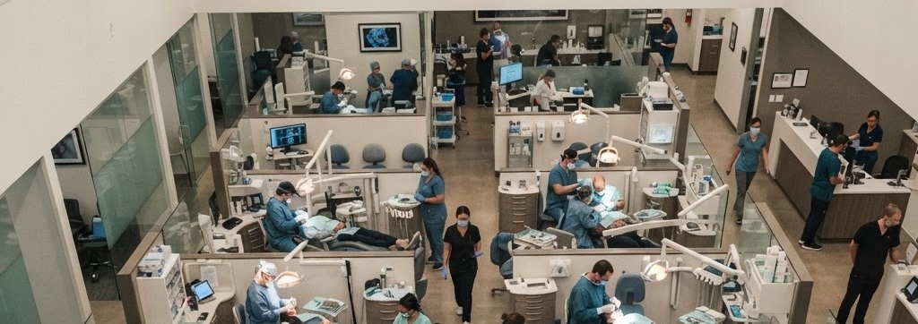 Busy dental clinic floor with multiple operatories in motion