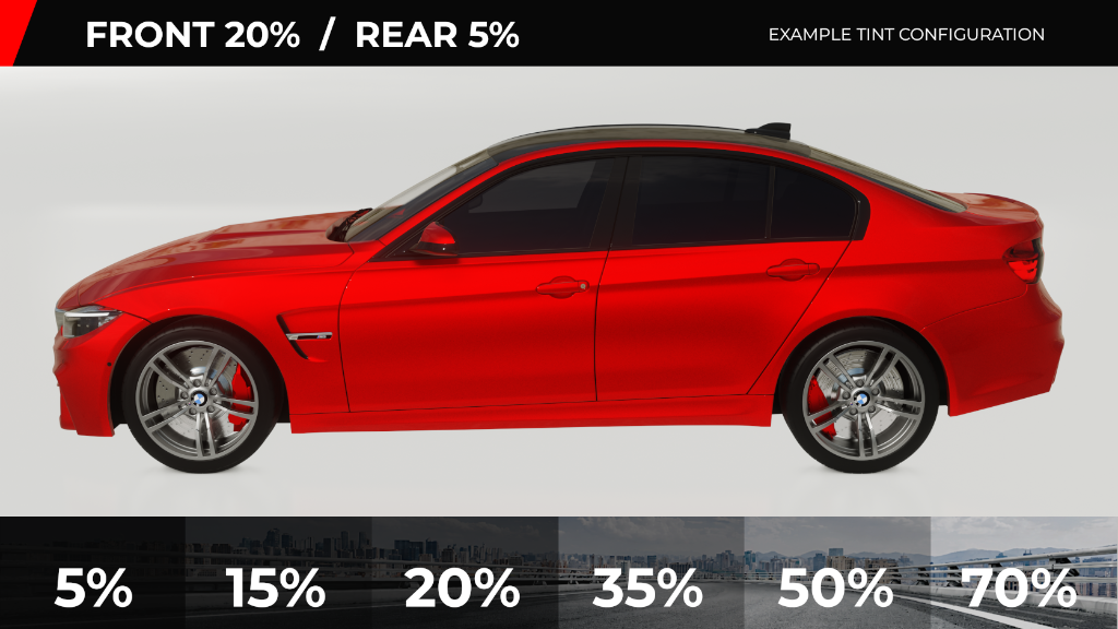 Example tint configuration: front 20% / rear 5% on a red sedan