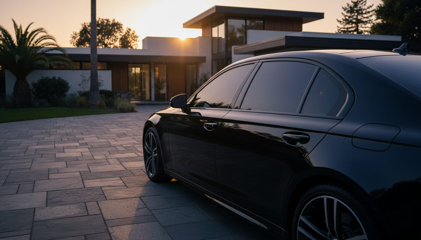 Summit Tint Studio mobile window tint installation in Chico California — luxury sedan with dark tint at residential driveway
