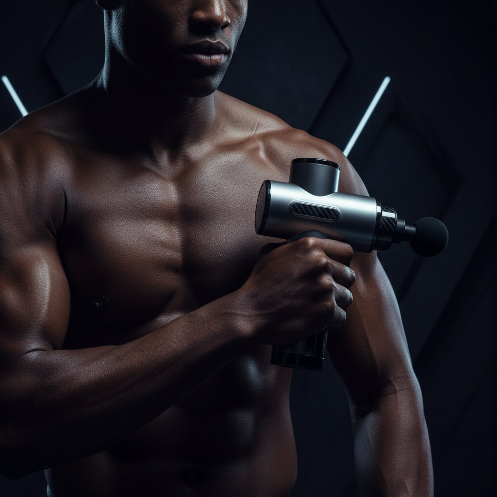 Premium massage gun in use during athletic recovery session