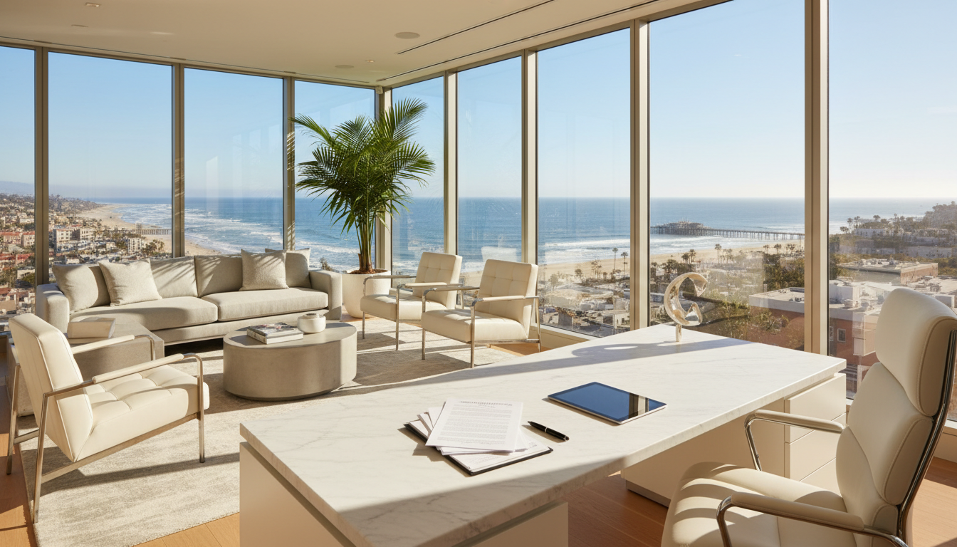 Executive Ocean Avenue office interior with Pacific views