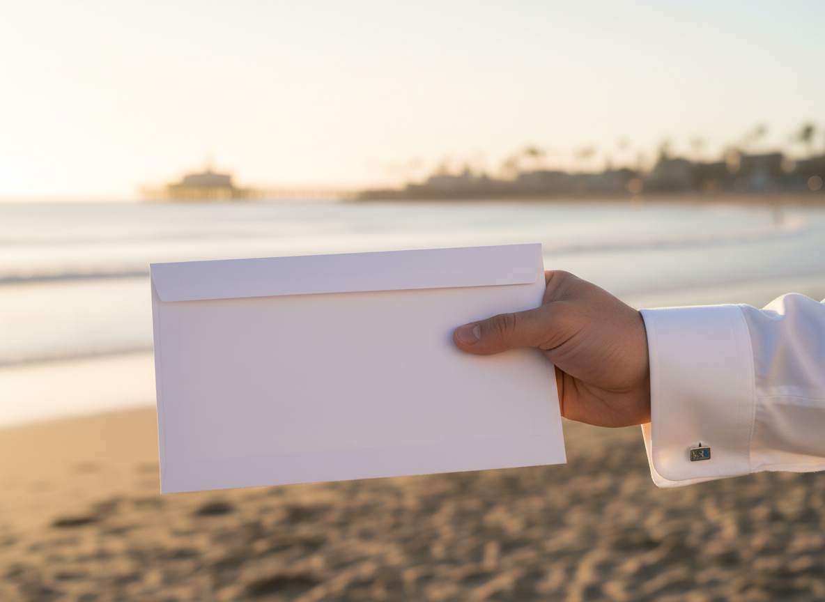 Professional hand delivering legal documents against Santa Monica horizon
