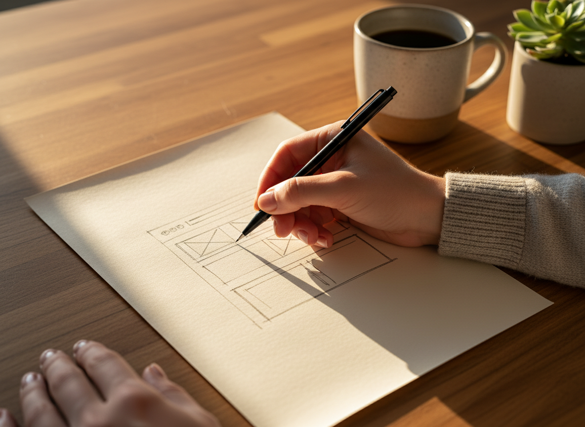 Hands sketching a website wireframe on premium paper