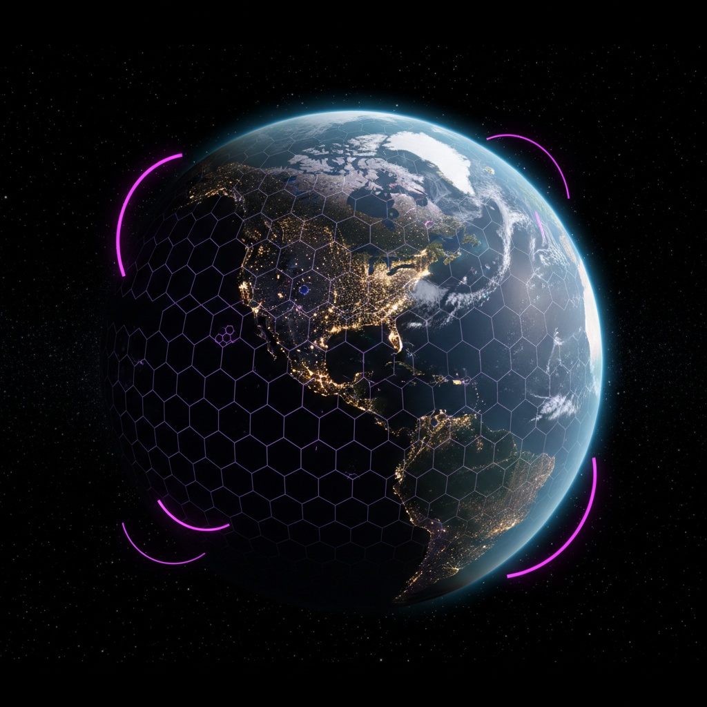 Earth from orbit with purple HUD overlays