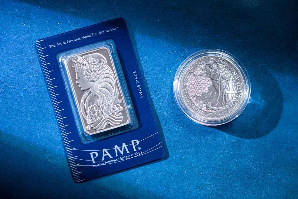 PAMP silver bar and Britannia silver coin
