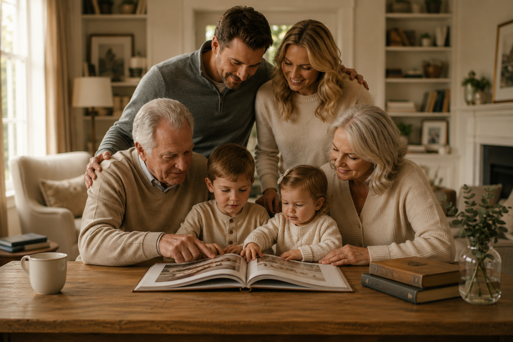Multi-generational family gathered around a photo album, symbolizing the teaching, stewardship, and transfer of legacy across generations