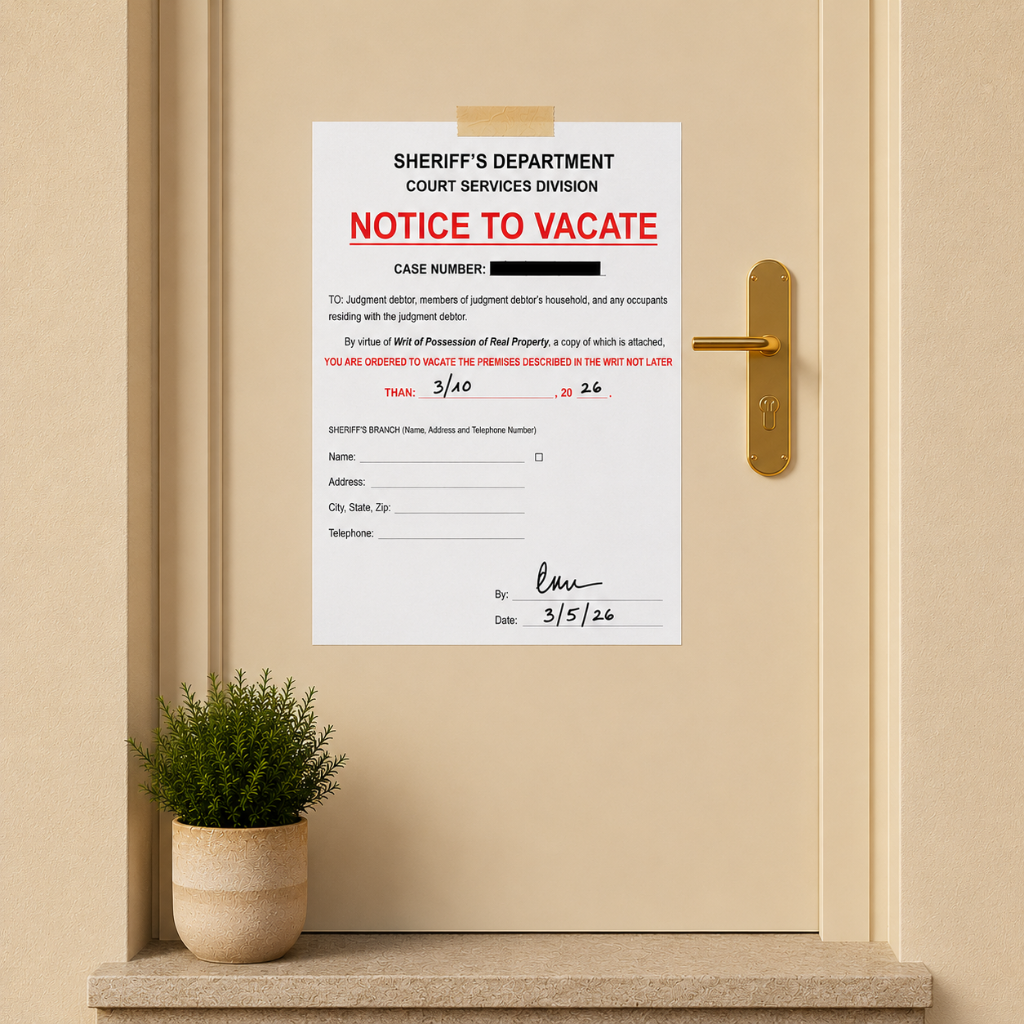 Notice to Vacate posted on residential door