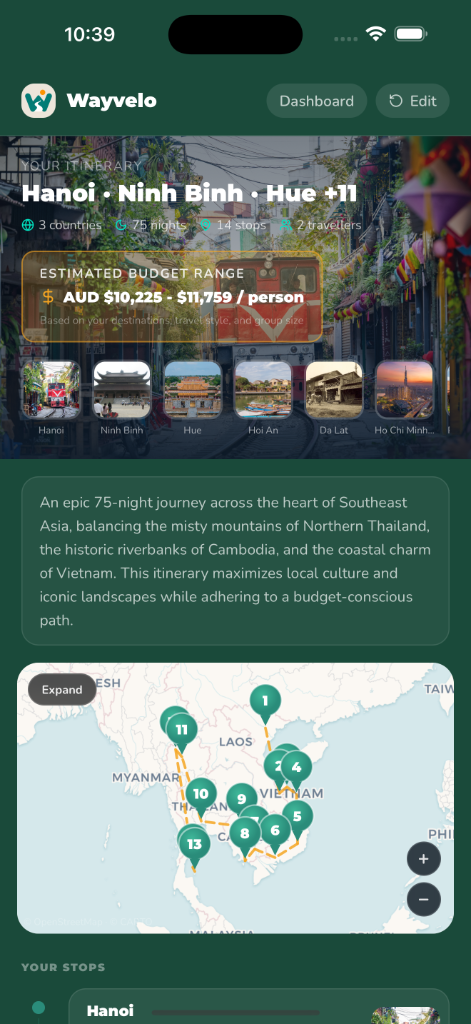 Wayvelo itinerary screen