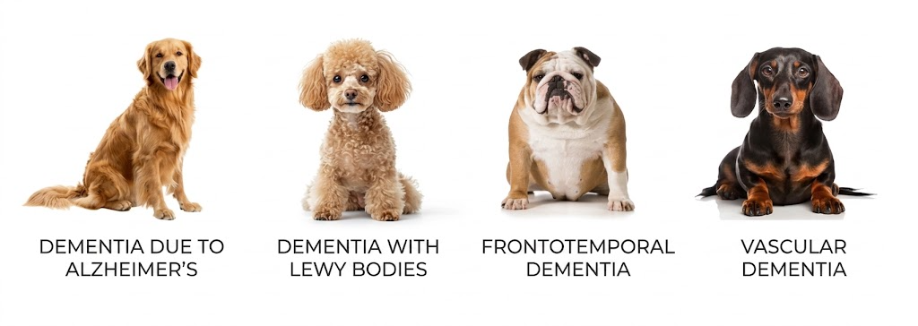 Four dog breeds representing different types of dementia: Golden Retriever for Alzheimer's, Poodle for Lewy bodies, Bulldog for frontotemporal dementia, and Dachshund for vascular dementia