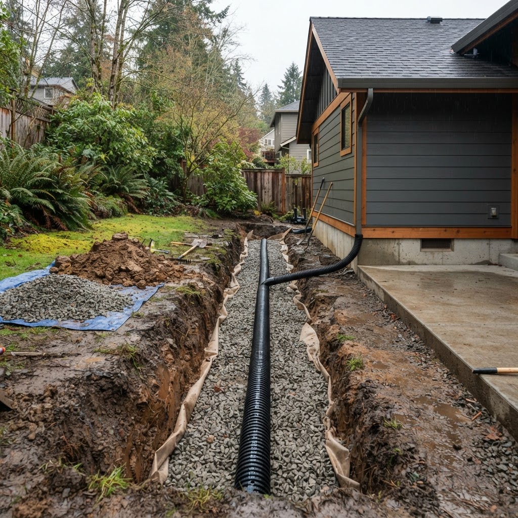 French Drain Installation in Portland, Oregon by Stephens Landscaping in Portland, OR