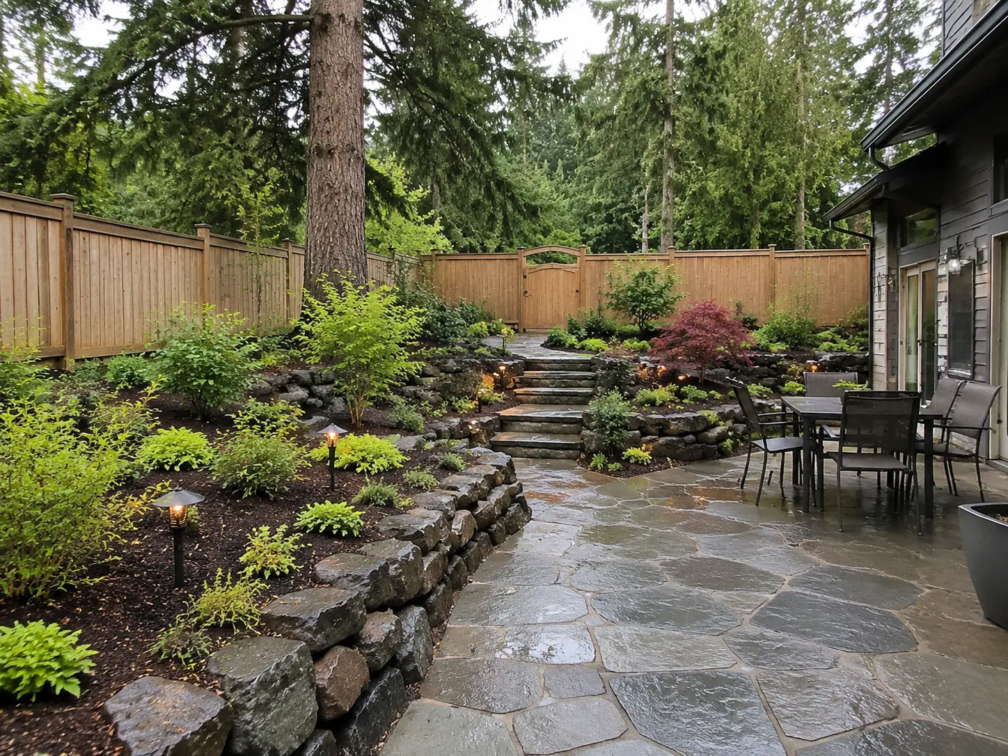 Wet stone patio with rock retaining wall and Japanese maple in Portland backyard