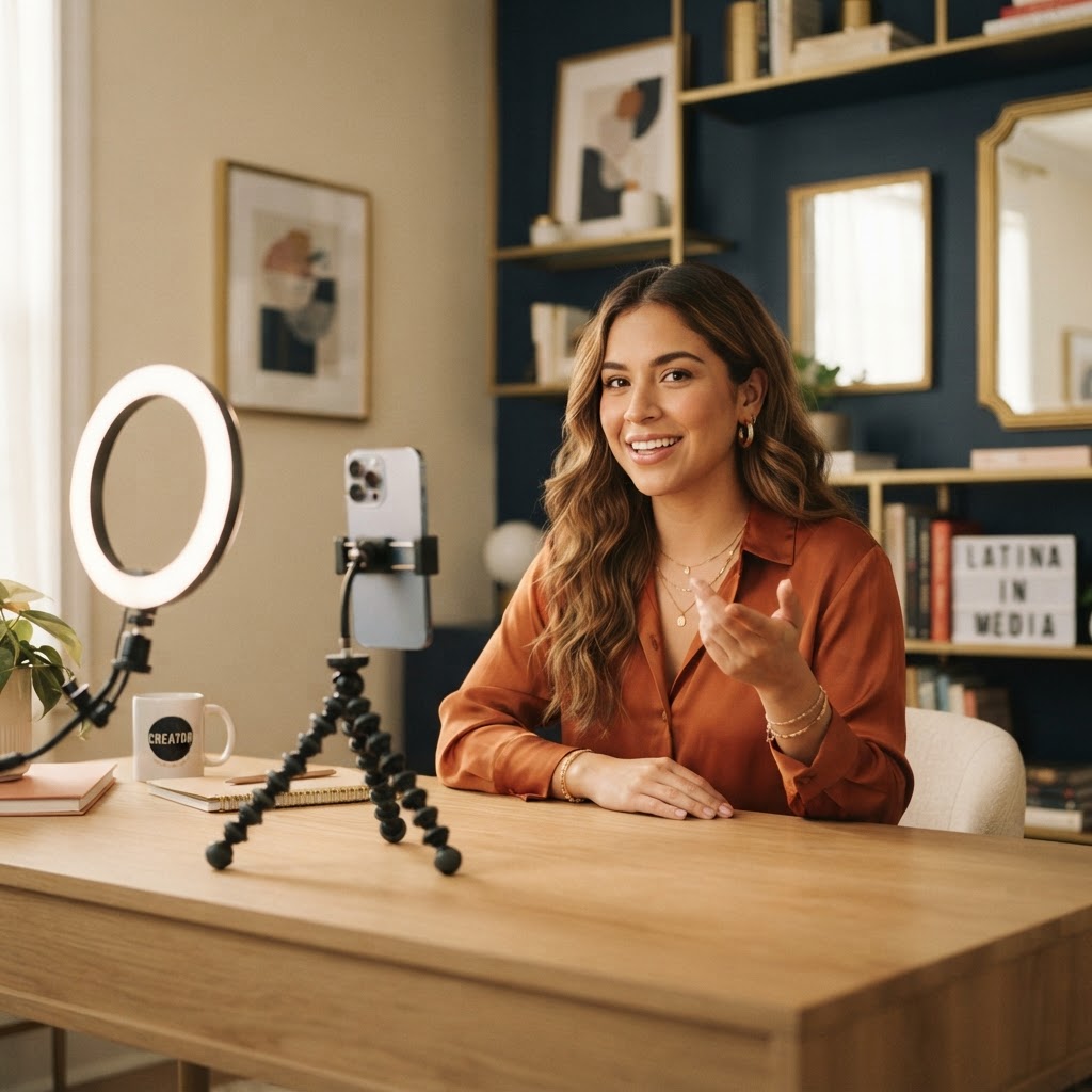 Creator filmando contenido con su celular y ring light