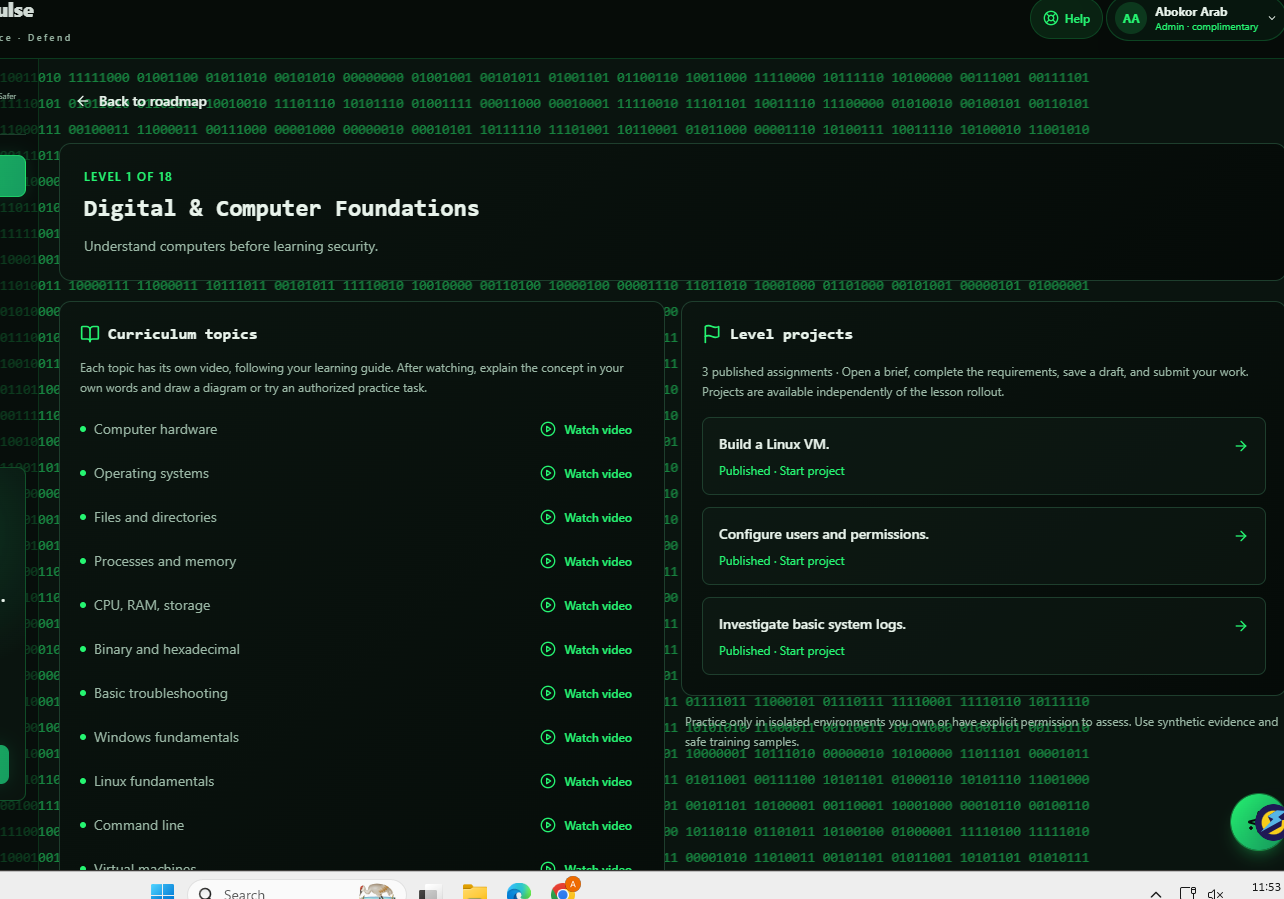 Computer foundations curriculum and projects Computer foundations overview in MentorPulse with hardware and operating-system topics plus Linux VM, permissions and system-log projects.