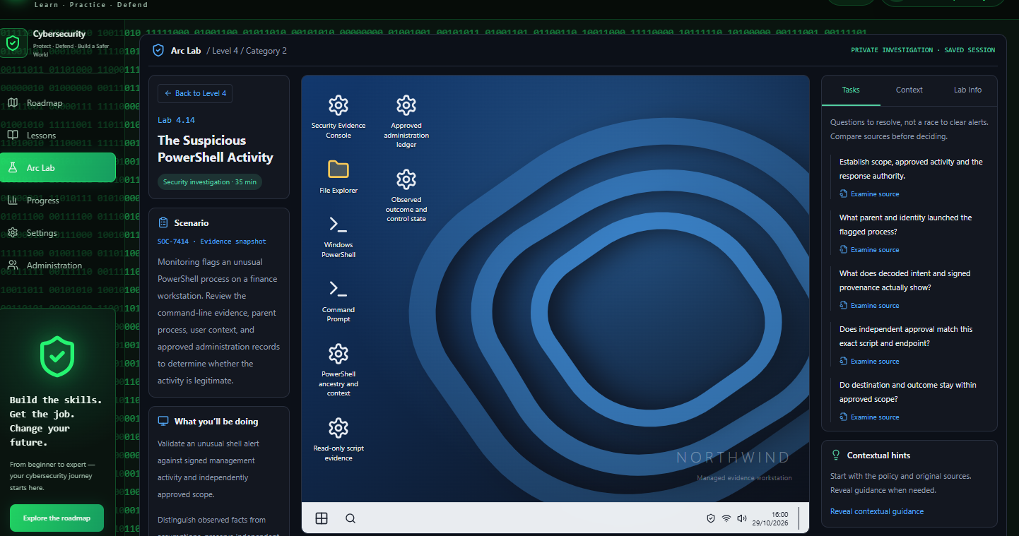 PowerShell security investigation workstation MentorPulse Arc Lab simulated desktop for a suspicious PowerShell investigation, with scenario details, evidence applications and investigation questions.