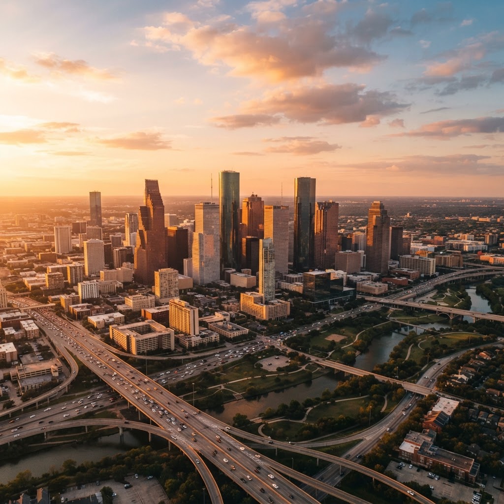 Houston lifestyle with parks, skyline views, and walkable communities