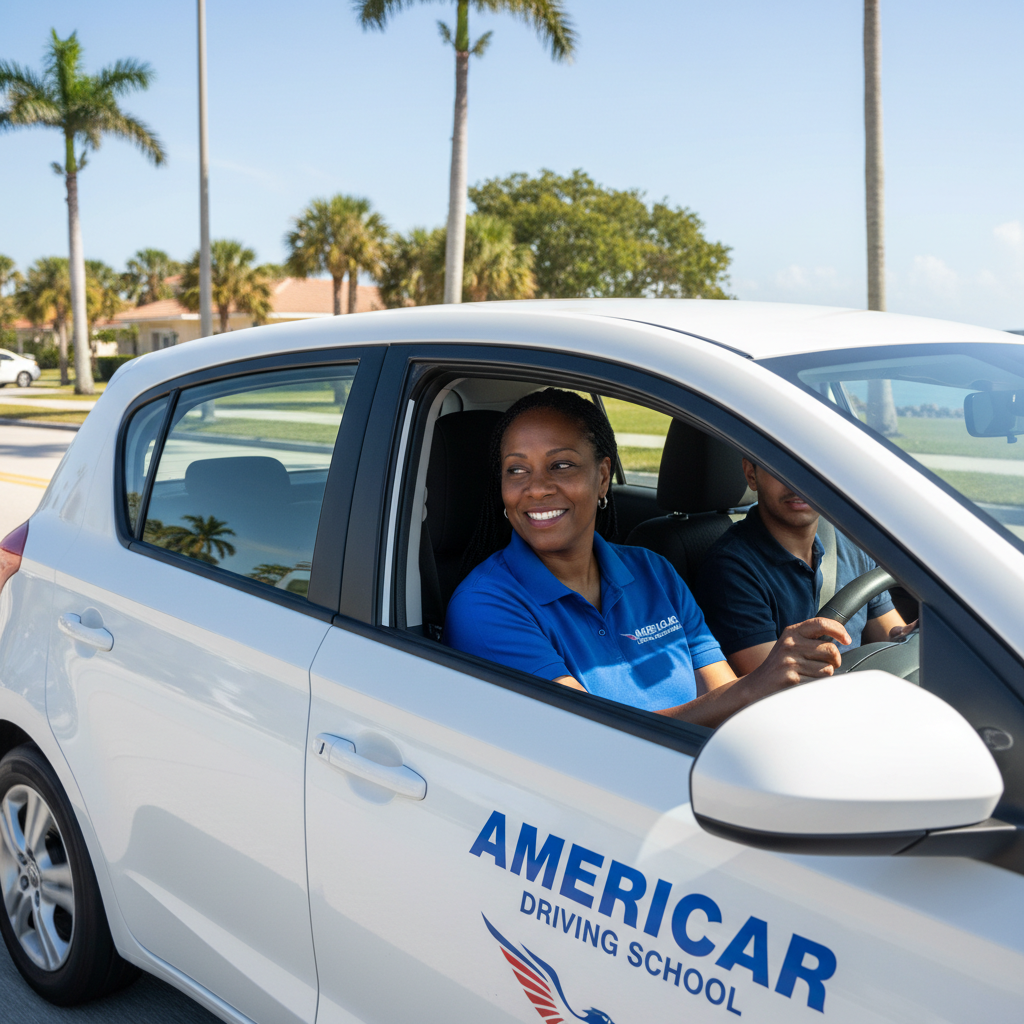 Black female driving instructor smiling with student inside Americar Driving School car
