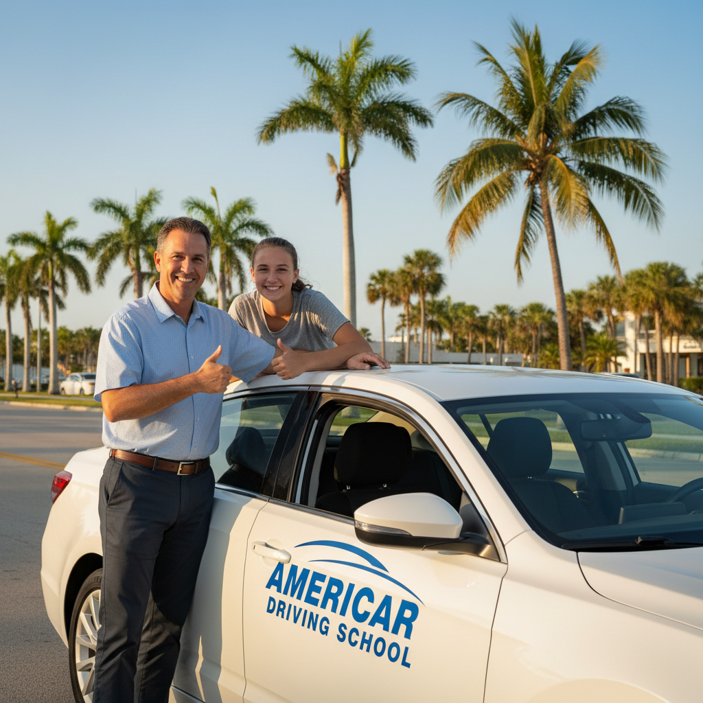 Driving instructor and student giving thumbs up next to Americar Driving School car